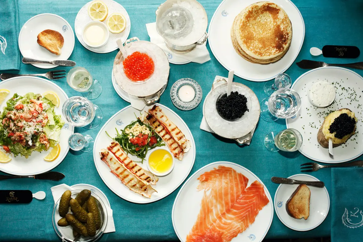The table: blinis, salmon, caviar