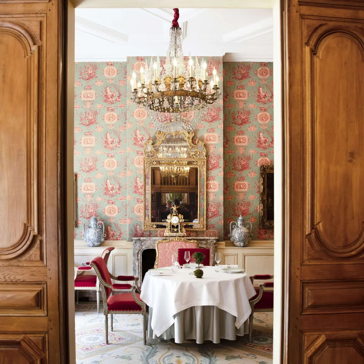 The dining room under the chandelier