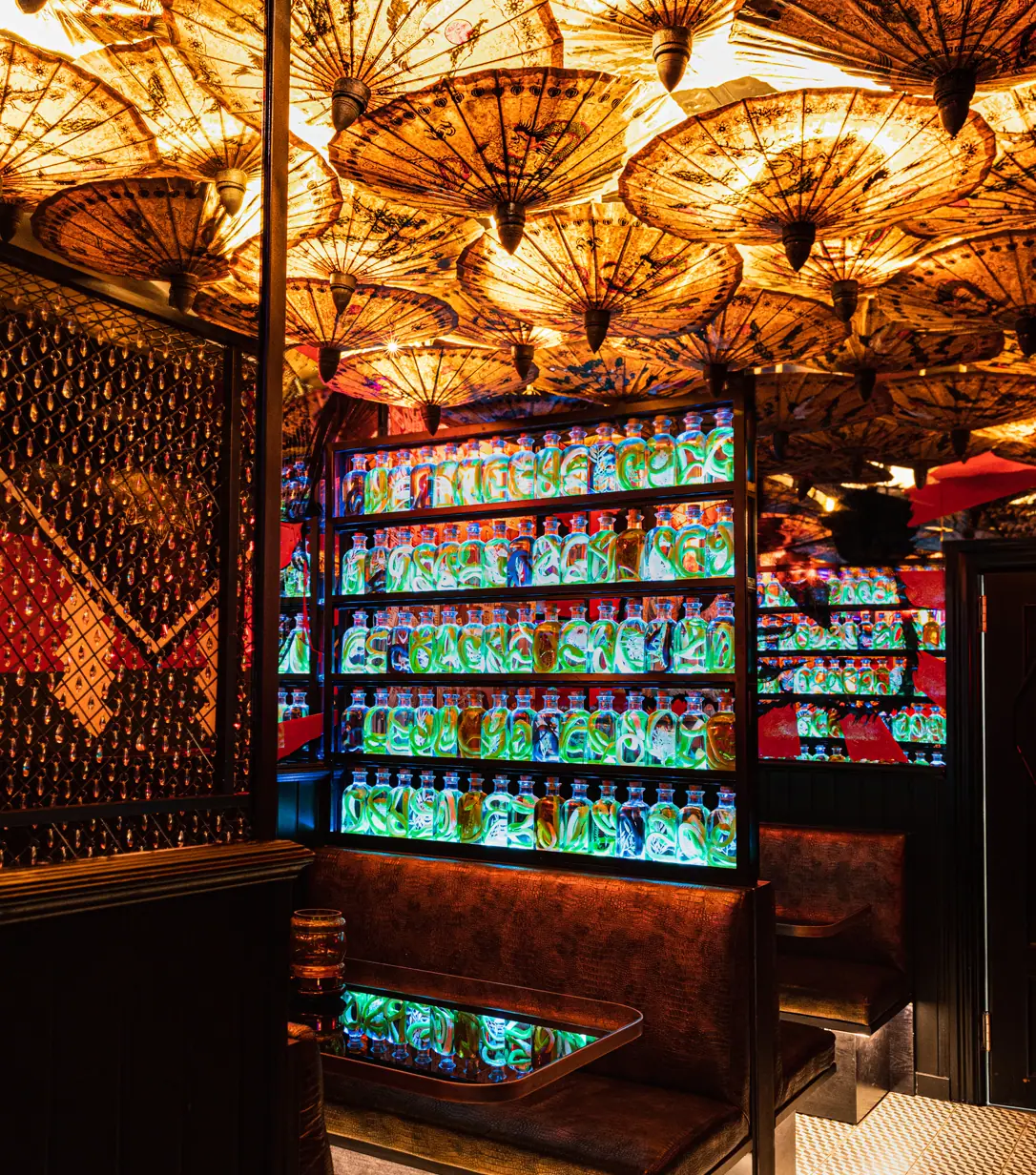 The back bar and its wall of bottles